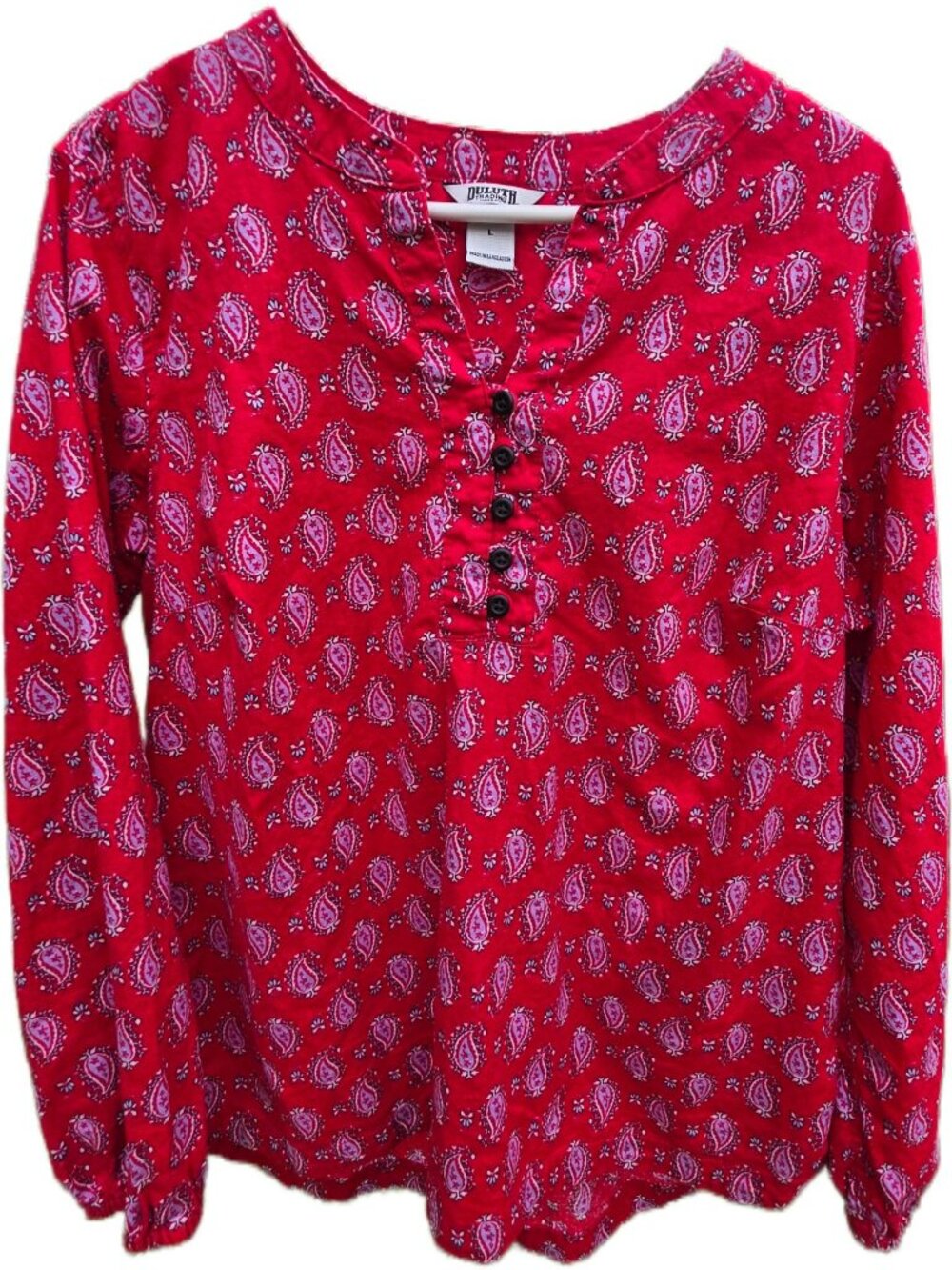 Duluth Trading Co Hemp Cotton Paisley Tunic L Red Boho Collarless Henley Blouse
